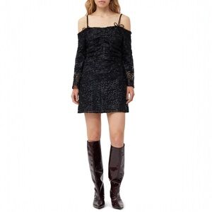 Ganni Black Ribbon Bow Satin Tulle Off Shoulder Bell Sleeve Mini Dress Size L